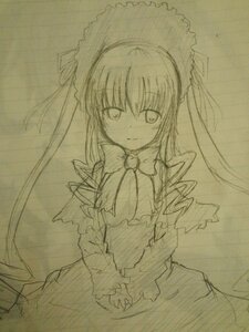 Rating: Safe Score: 0 Tags: 1girl bow capelet frills image long_hair long_sleeves looking_at_viewer monochrome shinku simple_background skirt smile solo traditional_media umbrella User: admin