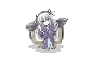 Rating: Safe Score: 0 Tags: 1girl black_wings blush chair dress flower frills hairband image long_hair long_sleeves looking_at_viewer pink_eyes ribbon rose silver_hair simple_background sitting solo suigintou suitcase white_background wings User: admin