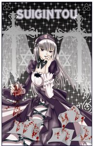 Rating: Safe Score: 0 Tags: 1girl blood card dress frills hairband image long_hair long_sleeves looking_at_viewer playing_card puffy_sleeves ribbon silver_hair solo suigintou weapon User: admin