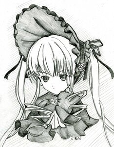 Rating: Safe Score: 0 Tags: 1girl blush bonnet dress flower frills greyscale hat image long_hair looking_at_viewer monochrome shinku simple_background solo traditional_media twintails white_background User: admin