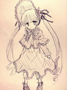 Rating: Safe Score: 0 Tags: 1girl bangs blunt_bangs blush bonnet bow dress frills image lolita_fashion long_hair long_sleeves looking_at_viewer monochrome shinku sketch solo traditional_media twintails very_long_hair User: admin