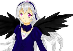 Rating: Safe Score: 0 Tags: 1girl black_wings dress feathered_wings flower hairband image juliet_sleeves long_hair long_sleeves looking_at_viewer pink_eyes puffy_sleeves silver_hair solo striped striped_background suigintou upper_body white_background wings User: admin