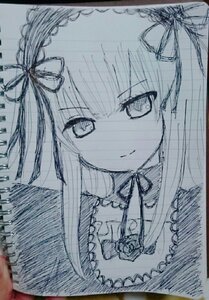 Rating: Safe Score: 0 Tags: 1girl bangs blush closed_mouth dress eyebrows_visible_through_hair frills hair_ribbon holding image long_hair looking_at_viewer monochrome photo ribbon simple_background smile solo suigintou traditional_media virtual_youtuber white_background User: admin