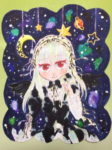 Rating: Safe Score: 0 Tags: 1girl bangs closed_mouth crescent_moon dress flower holding image long_hair long_sleeves looking_at_viewer red_eyes smile solo star_(symbol) suigintou traditional_media upper_body watercolor_(medium) wings User: admin