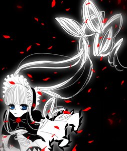 Rating: Safe Score: 0 Tags: 1girl blue_eyes bonnet dress flower gothic_lolita image lolita_fashion long_hair petals red_flower red_rose rose rose_petals shinku solo spot_color twintails User: admin