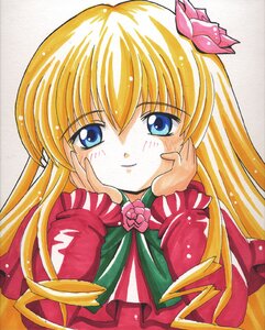 Rating: Safe Score: 0 Tags: 1girl blonde_hair blue_eyes blush flower hair_ornament hands_on_own_face image long_hair long_sleeves looking_at_viewer marker_(medium) shinku simple_background smile solo traditional_media upper_body User: admin