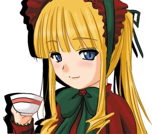 Rating: Safe Score: 0 Tags: 1girl bangs blonde_hair blue_eyes blush bonnet bow bowtie cup green_bow holding_cup image long_hair long_sleeves looking_at_viewer saucer shinku sidelocks simple_background smile solo teacup upper_body white_background User: admin