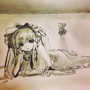 Rating: Safe Score: 0 Tags: 1girl closed_mouth dress eyebrows_visible_through_hair frills image long_hair long_sleeves looking_at_viewer lying monochrome on_stomach photo shinku solo traditional_media very_long_hair User: admin