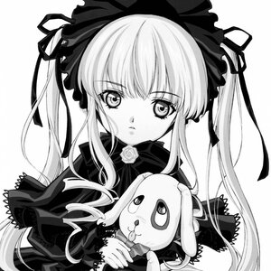 Rating: Safe Score: 0 Tags: 1girl blush bow dress flower hair_ribbon image lolita_fashion long_hair long_sleeves looking_at_viewer monochrome ribbon rose shinku simple_background solo stuffed_animal twintails upper_body white_background User: admin