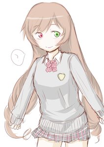 Rating: Safe Score: 0 Tags: 1girl blush bow brown_hair cowboy_shot green_eyes heterochromia image long_hair long_sleeves looking_at_viewer pink_bow pleated_skirt red_eyes school_uniform simple_background skirt smile solo striped suiseiseki sweater_vest very_long_hair white_background User: admin