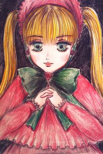 Rating: Safe Score: 0 Tags: 1990s_(style) 1girl bangs black_background blonde_hair blue_eyes bonnet bowtie dress flower green_bow green_neckwear image jewelry long_hair long_sleeves looking_at_viewer marker_(medium) red_dress rose shinku solo traditional_media twintails upper_body User: admin