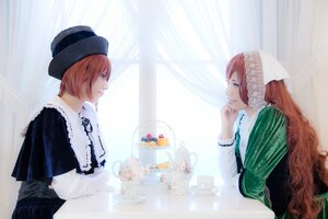 Rating: Safe Score: 0 Tags: 1boy 1girl blue_eyes brown_hair curtains dress green_dress hat long_hair long_sleeves looking_at_another multiple_cosplay profile siblings sisters sitting striped suiseiseki table tagme teacup twins User: admin