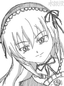 Rating: Safe Score: 0 Tags: 1girl blush closed_mouth detached_collar flower frills greyscale hairband image looking_at_viewer monochrome ribbon rose simple_background smile solo suigintou upper_body white_background User: admin