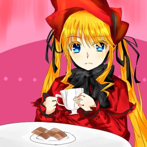 Rating: Safe Score: 0 Tags: 1girl blonde_hair blue_eyes blush bow bowtie cake capelet cup dress food hair_ribbon image long_hair long_sleeves looking_at_viewer pink_background plate ribbon shinku solo table teacup twintails upper_body User: admin