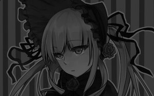 Rating: Safe Score: 0 Tags: 1girl bonnet eyebrows_visible_through_hair flower greyscale hairband image long_hair looking_at_viewer monochrome portrait rose shinku solo User: admin