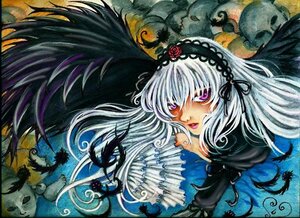 Rating: Safe Score: 0 Tags: 1girl black_wings feathers flower hairband image lolita_hairband long_hair looking_at_viewer pink_eyes purple_eyes rose silver_hair solo suigintou traditional_media wings User: admin