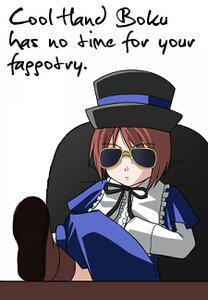 Rating: Safe Score: 0 Tags: 1girl bowtie dress hat image long_sleeves short_hair sitting solo souseiseki sunglasses top_hat User: admin