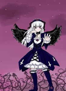 Rating: Safe Score: 0 Tags: 1girl black_wings dress flower frills full_body hairband image long_hair long_sleeves looking_at_viewer pink_eyes rose silver_hair smile solo standing suigintou wings User: admin