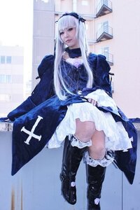 Rating: Safe Score: 0 Tags: 1girl black_footwear boots dress frills knee_boots long_hair long_sleeves photo solo standing suigintou white_hair User: admin