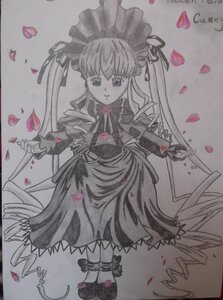 Rating: Safe Score: 0 Tags: 1girl auto_tagged bonnet dress drill_hair flower image long_hair long_sleeves marker_(medium) petals rose rose_petals shinku shoes solo standing traditional_media twintails User: admin