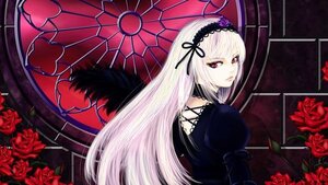 Rating: Safe Score: 0 Tags: 1girl black_wings dress flower frills gothic_lolita hairband image lolita_fashion lolita_hairband long_hair long_sleeves looking_at_viewer looking_back pink_rose puffy_sleeves purple_rose red_eyes red_flower red_rose rose rose_petals silver_hair solo suigintou thorns wings User: admin