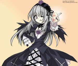 Rating: Safe Score: 3 Tags: 1girl dress flower hairband image lolita_hairband long_hair long_sleeves one_eye_closed pink_eyes purple_flower purple_rose rose silver_hair solo suigintou tongue tongue_out wings User: admin