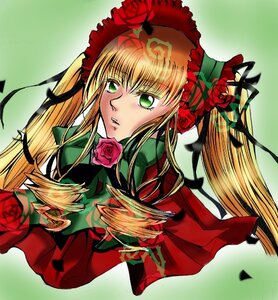 Rating: Safe Score: 0 Tags: 1girl blonde_hair bonnet bow dress drill_hair flower green_background green_eyes image long_hair long_sleeves looking_at_viewer pink_rose red_flower red_rose rose shinku solo twintails upper_body User: admin