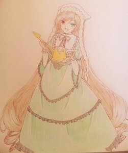 Rating: Safe Score: 0 Tags: 1girl apron blonde_hair cup dress frills green_dress green_eyes heterochromia holding image long_hair long_sleeves open_mouth red_eyes simple_background solo suiseiseki traditional_media very_long_hair User: admin