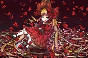 Rating: Safe Score: 0 Tags: 1girl blonde_hair blue_eyes bonnet bow dress flower frills image lolita_fashion long_hair petals red_dress red_flower red_rose rose rose_petals shinku sitting solo twintails very_long_hair User: admin