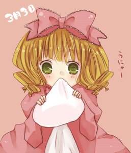 Rating: Safe Score: 0 Tags: 1girl blonde_hair blush bow covering_mouth drill_hair green_eyes hair_bow hina_ichigo hinaichigo image long_sleeves looking_at_viewer pillow pillow_hug pink_background pink_bow scarf simple_background solo upper_body User: admin