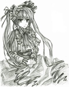 Rating: Safe Score: 0 Tags: 1girl bonnet bow capelet dress flower frills graphite_(medium) greyscale hat image lolita_fashion long_hair long_sleeves looking_at_viewer monochrome ribbon shinku solo traditional_media twintails very_long_hair User: admin