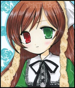 Rating: Safe Score: 0 Tags: 1girl black_border blush brown_hair dress frills green_dress green_eyes image letterboxed long_hair long_sleeves looking_at_viewer ribbon smile solo star_(symbol) suiseiseki upper_body User: admin