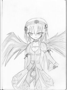 Rating: Safe Score: 0 Tags: 1girl dress greyscale hairband image long_hair long_sleeves looking_at_viewer monochrome simple_background solo standing suigintou traditional_media white_background wings User: admin