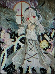 Rating: Safe Score: 0 Tags: 1girl dress feathers flower frills hairband image lolita_hairband long_hair long_sleeves looking_at_viewer red_eyes rose smile solo suigintou traditional_media watercolor_(medium) wings User: admin