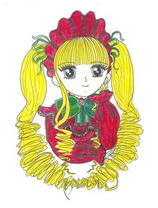 Rating: Safe Score: 0 Tags: 1990s_(style) 1girl bangs blonde_hair blue_eyes bonnet bowtie closed_mouth drill_hair eyebrows_visible_through_hair flower green_bow image long_hair looking_at_viewer marker_(medium) rose shinku simple_background smile solo traditional_media twin_drills twintails upper_body white_background User: admin