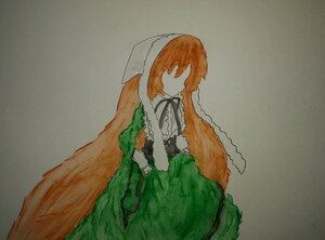 Rating: Safe Score: 0 Tags: 1girl dress green_dress image long_hair long_sleeves monster_girl simple_background solo suiseiseki traditional_media very_long_hair User: admin