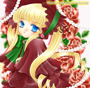 Rating: Safe Score: 0 Tags: 1girl blonde_hair blue_eyes bow bowtie capelet dress drill_hair flower green_bow green_neckwear hat image long_hair long_sleeves looking_at_viewer red_capelet rose shinku sidelocks solo strawberry twin_drills twintails User: admin