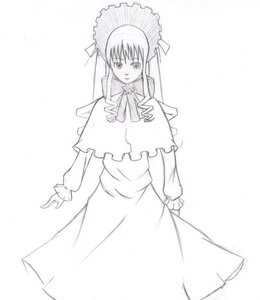 Rating: Safe Score: 0 Tags: 1girl auto_tagged bonnet bowtie dress greyscale image long_hair long_sleeves looking_at_viewer monochrome shinku simple_background solo standing white_background User: admin