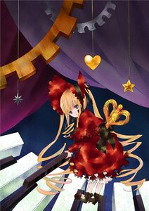 Rating: Safe Score: 0 Tags: 1girl blonde_hair blue_eyes bonnet bow curtains dress frills image long_hair long_sleeves looking_back red_dress shinku solo twintails very_long_hair User: admin