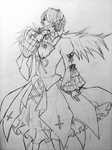 Rating: Safe Score: 0 Tags: 1girl dress fan feather frilled_sleeves frills greyscale image long_sleeves monochrome ribbon solo standing suigintou traditional_media wide_sleeves wings User: admin