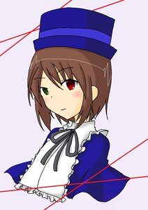 Rating: Safe Score: 0 Tags: 1girl blue_dress blush brown_hair collar dress frills green_eyes hat heterochromia image long_sleeves looking_at_viewer red_eyes ribbon short_hair solo souseiseki top_hat upper_body User: admin