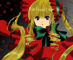 Rating: Safe Score: 0 Tags: 1girl blonde_hair blue_eyes bow dress drill_hair flower green_bow image long_hair long_sleeves looking_at_viewer rose shinku simple_background solo twin_drills twintails upper_body User: admin