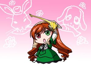 Rating: Safe Score: 0 Tags: 1girl :o brown_hair chibi dress drill_hair green_dress green_eyes hat heterochromia image long_hair long_sleeves looking_at_viewer open_mouth pink_background red_eyes ribbon solo suiseiseki twin_drills very_long_hair watering_can User: admin