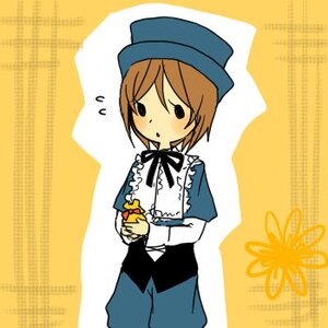 Rating: Safe Score: 0 Tags: 1girl blue_dress blue_headwear blush bow brown_hair checkered checkered_background cowboy_shot dress flying_sweatdrops hat holding image long_sleeves ribbon short_hair solo souseiseki yellow_background User: admin