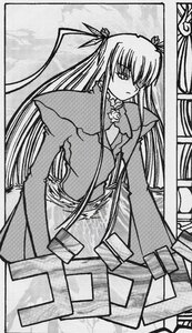 Rating: Safe Score: 0 Tags: 1girl barasuishou bow bowtie greyscale hair_ribbon image long_hair long_sleeves looking_at_viewer monochrome ribbon solo standing very_long_hair User: admin