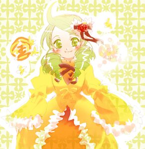 Rating: Safe Score: 0 Tags: 1girl blonde_hair bow bug butterfly dress drill_hair frills green_eyes green_hair hair_ornament hat image insect kanaria orange_dress ribbon smile solo twin_drills User: admin