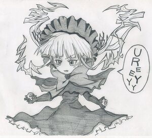 Rating: Safe Score: 0 Tags: 1girl blush dress frills greyscale hat image long_hair monochrome open_mouth ribbon shinku solo twintails User: admin