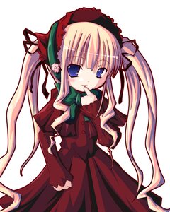 Rating: Safe Score: 0 Tags: 1girl auto_tagged blonde_hair blue_eyes blush bonnet bow bowtie dress finger_to_mouth green_bow green_neckwear image long_hair long_sleeves looking_at_viewer red_dress shinku simple_background solo twintails very_long_hair white_background User: admin