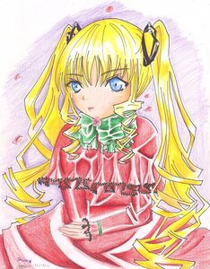 Rating: Safe Score: 0 Tags: 1girl blonde_hair blue_eyes dress drill_hair flower hair_ribbon image long_hair long_sleeves looking_at_viewer marker_(medium) petals red_capelet red_dress ribbon ringlets rose shinku signature solo traditional_media twin_drills twintails User: admin