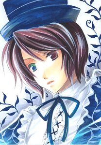 Rating: Safe Score: 0 Tags: 1girl black_ribbon blue_eyes blue_headwear blue_neckwear blue_ribbon closed_mouth frills hat heterochromia image neck_ribbon ribbon short_hair solo souseiseki traditional_media white_background User: admin